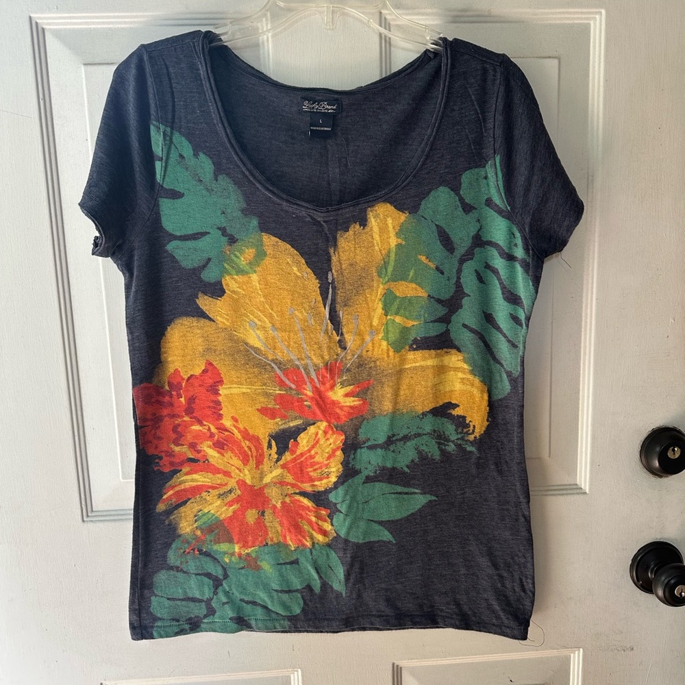 Lucky Brand Charcoal Tee with Yellow and Green Floral Design